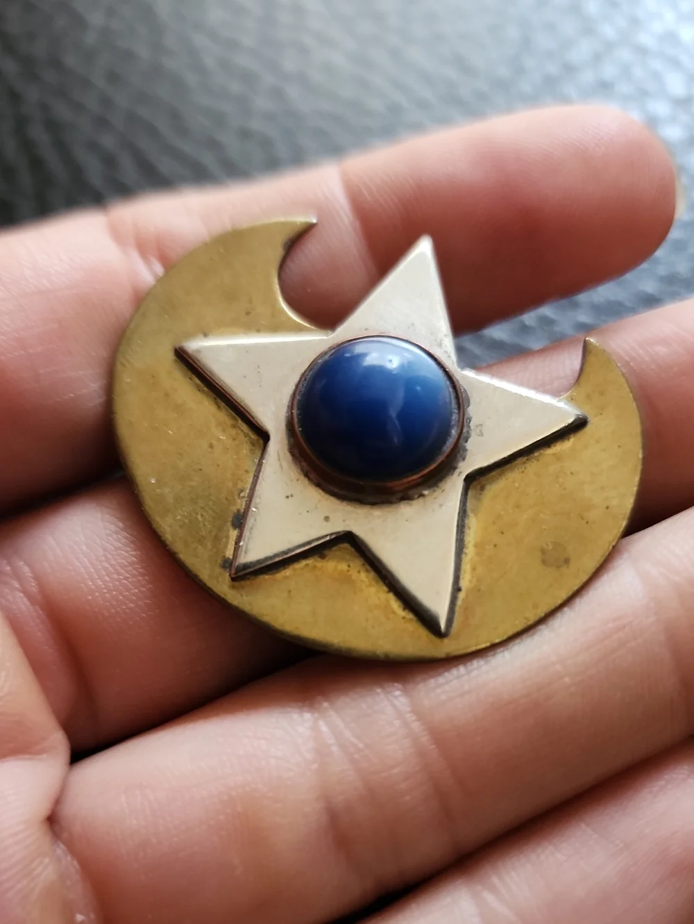 VTG Brass-tone Crescent & Star Brooch with Blue Cabochon